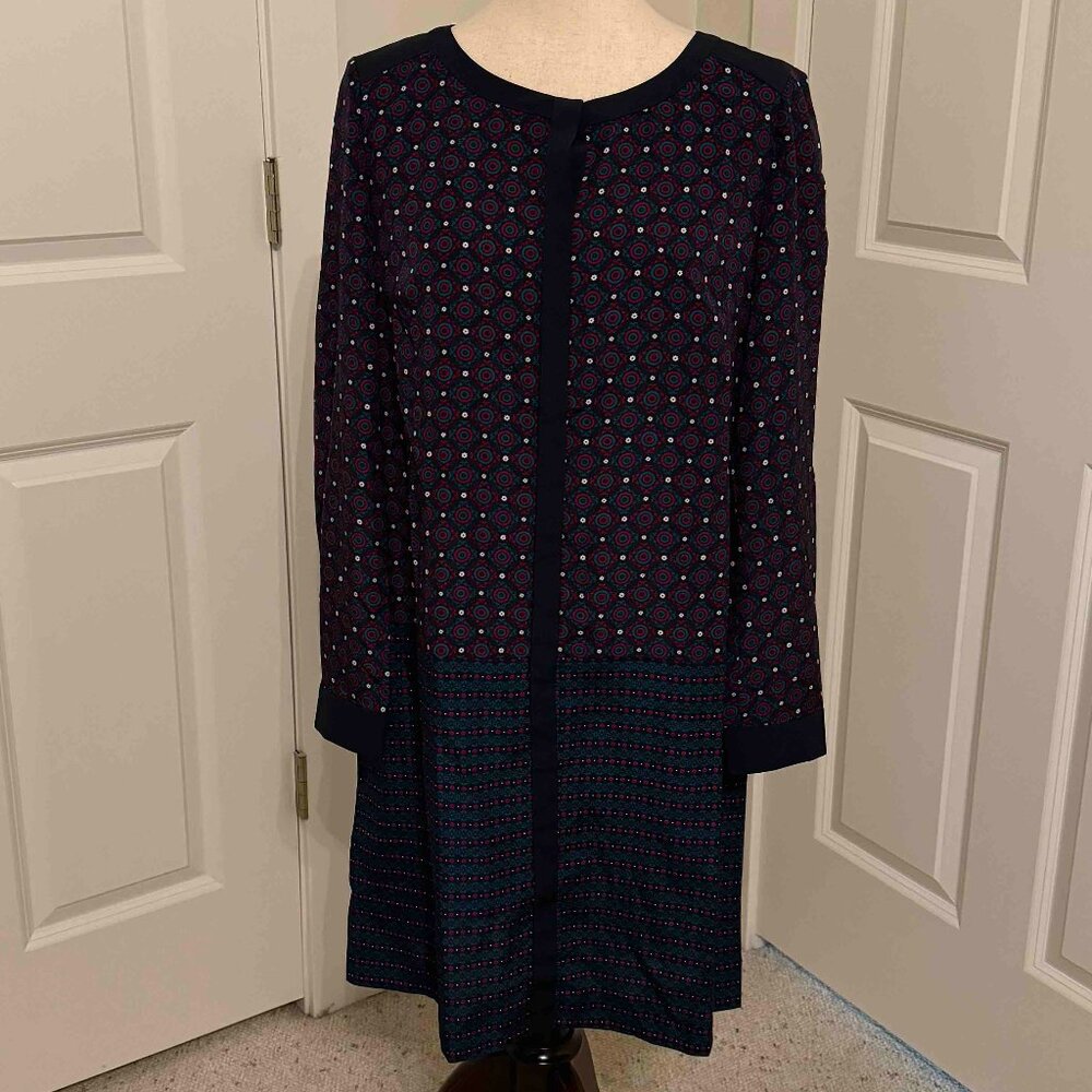 ANN TAYLOR Navy Blue w/Red Medallion Print Long Sleeve Shift Dress 12